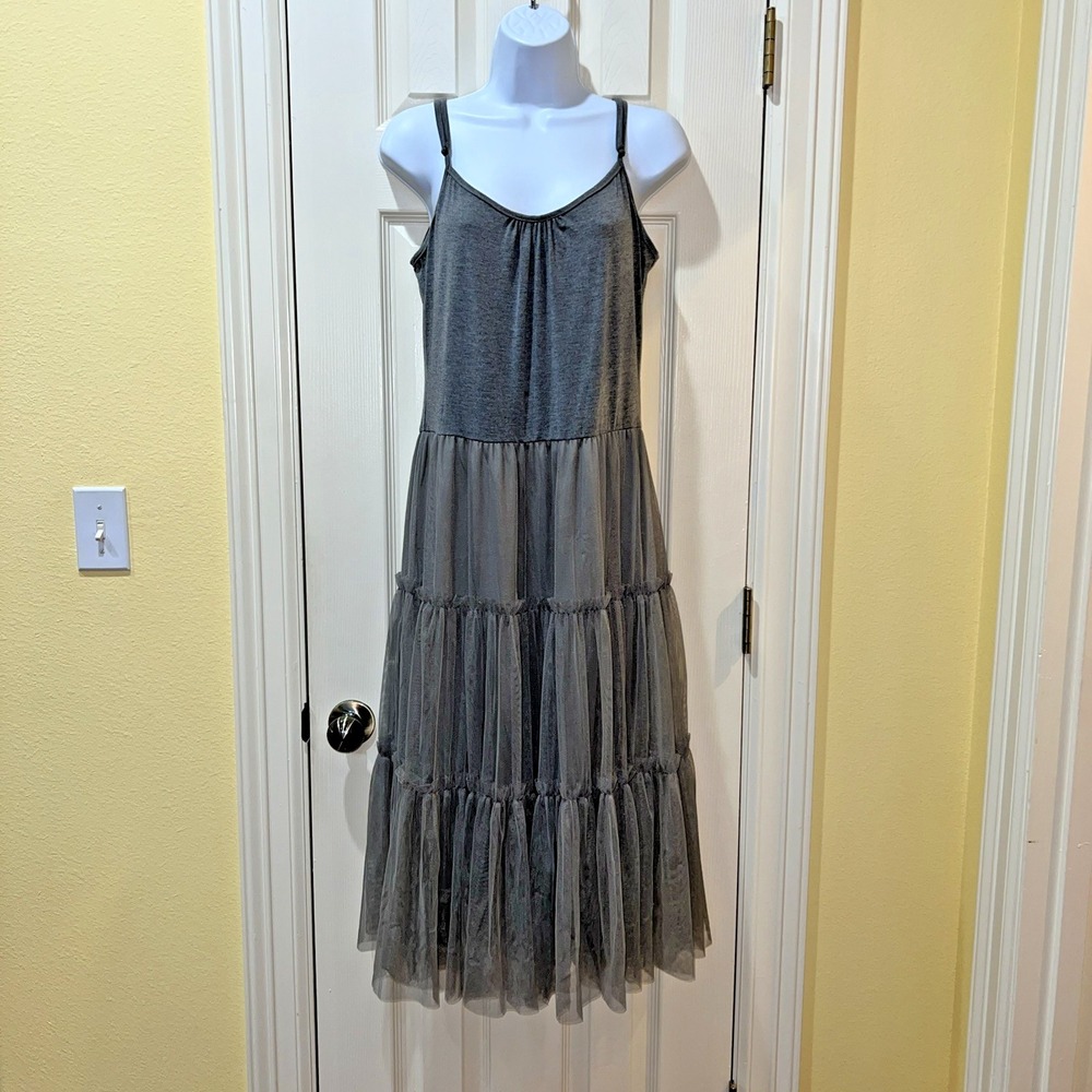 Anthropoligie a'reve Gray Midi Babydoll Tulle Tank Dress Sz L Whimsygoth Fairy